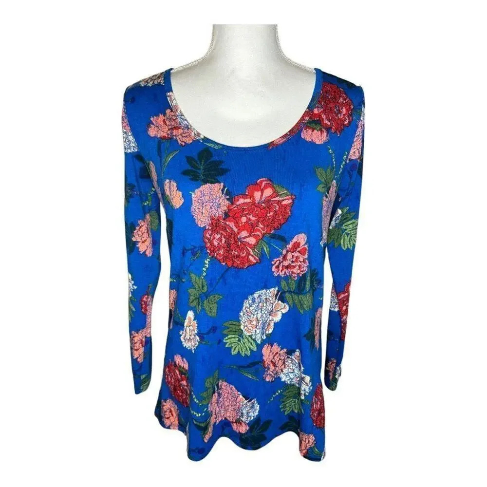 LuLaRoe Women’s XS Lynnae Blue Floral Scoop Neck Long Sleeve Top